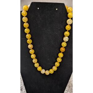 Yellow Dragon Vein Fire Agate 10mm Bead Necklace Hand Knotted 925 Clasp 18"